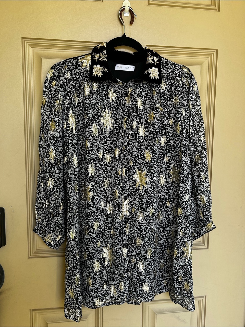 Zara Black Floral Metallic Accent Button-Up Dress Girls size 10